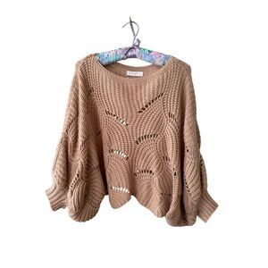 Anthropologie Elodie Cropped Scalloped Hem Open Knit Bat Wing Pullover Sweater